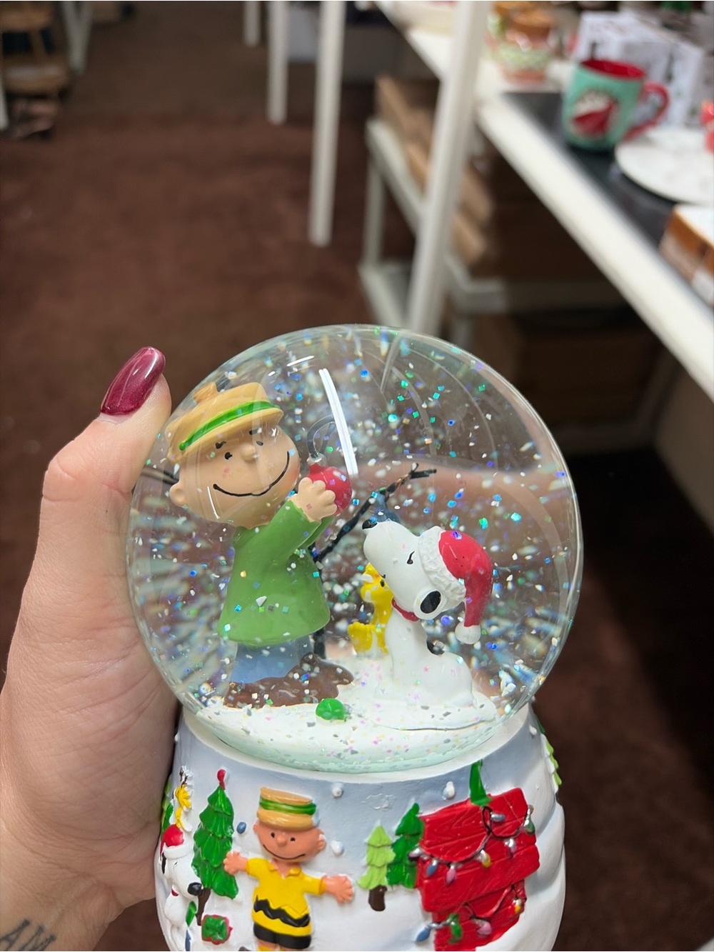 Peanuts Snow Globe with Charlie Brown in Green & Snoopy in Red Hat